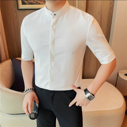 Summer New Standing Collar Half Sleeve Shirts For Men Invisible Button Up Design Slim Casual Business Social Shirt Club Outfits