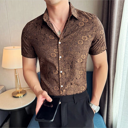 2025 Summer New Flower Shirts Men Short Sleeve Retro Casual Shirts Fashion Versatile Business Slim Social Party Tuxedo Blouse