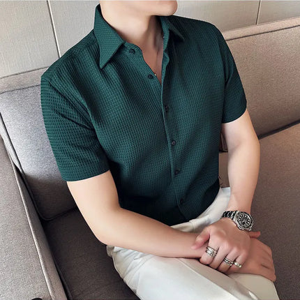 2023 Summer Waffle Short Sleeved Shirt Men Fashion Casual Solid Color Lapel Loose Shirt Male Korean Social Business Dress Blouse