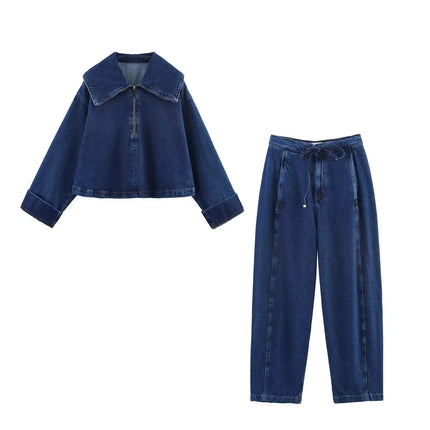 TRAFZA Vintage Casual Chic Women Cowboy Suit Zipper Loose Jackets Long Pockets Pants Fashion 2025 Spring Summer Denim Suits