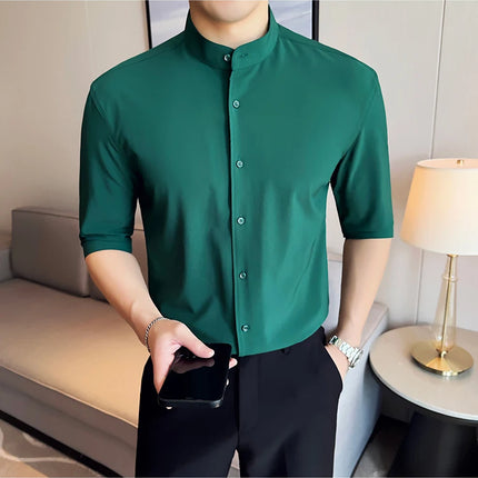 High Quality Chinese Style Stand Up Neck Shirt Men's Summer Mid Sleeved Slim Fit Casual Social Business Blouse Homme 4XL-M