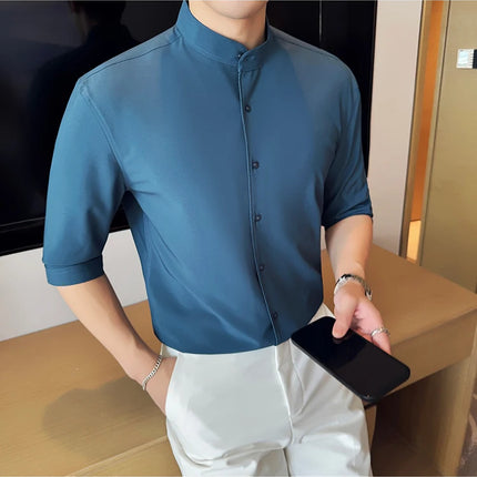 High Quality Chinese Style Stand Up Neck Shirt Men's Summer Mid Sleeved Slim Fit Casual Social Business Blouse Homme 4XL-M