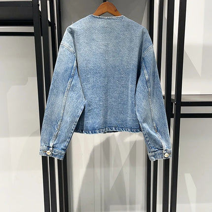 Washed Denim Three-piece Set Vacation Round Neck Three-pocket Edged Jacket Trousers 2025 Spring and Summer New Style Y2k