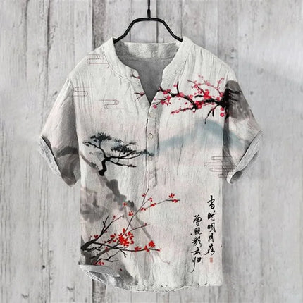 New bamboo linen 100% men's short-sleeved casual street beach V-neck short-sleeved shirt New Hawaiian linen shirt hill print shi