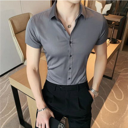 Summer Men Fashion Casual Short Sleeve Solid Shirt Super Slim Fit Male Social Business Dress Shirt Brand Men Casual Dress Blouse