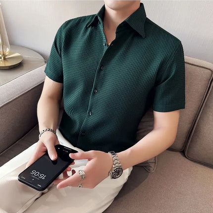 2023 Summer Waffle Short Sleeved Shirt Men Fashion Casual Solid Color Lapel Loose Shirt Male Korean Social Business Dress Blouse