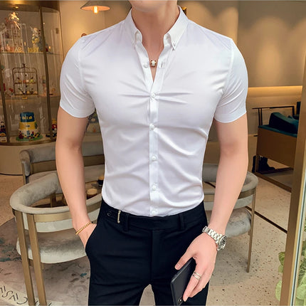 Neckline Embroidery Shirts Men Summer Short Sleeve Slim Fit Casual Shirt Men Solid Color Business Party Dress Shirt Streetwear
