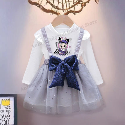 Labubu Cute Mesh Bow Dress for Children Anime Cartoon Kawaii One-piece Dresses Girls Spring New Sweet Fake Two Dress Strap Skirt