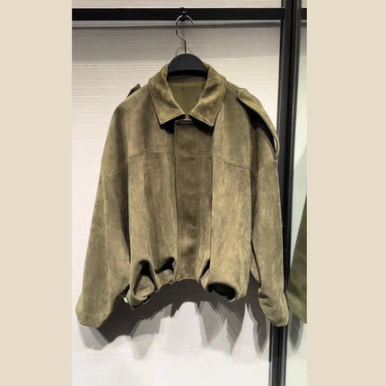 Vintage Women's Short Jacket Pockets Zipper Full Sleeve Khaki Green Thick Coats 2025 Spring Autumn Lady Loose Street Outwear