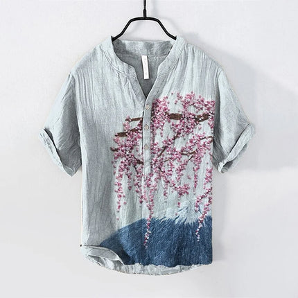 New bamboo linen 100% men's short-sleeved casual street beach V-neck short-sleeved shirt New Hawaiian linen shirt hill print shi