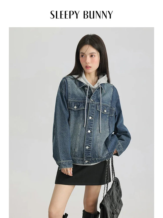 Women Retro Washed Denim Jacket Spring 2025 Oversized Drop Shoulder Loose Fit Casual Fashionable Lapel Collar Chic Jean Coat