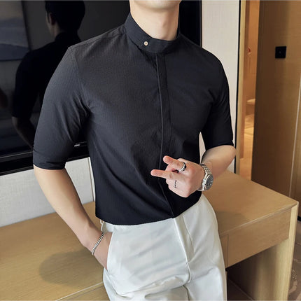 New Chinese Style Stand Up Collar Slim Fit Half Sleeved Shirts Men High Quality Striped Elegant Shirt Summer Social Party Dress