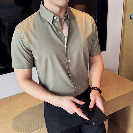 Plus Size 4XL-M High Quality Bamboo Fiber Fabric Dark Stripes Shirts Men Summer Slim Fit Casual Thin Breathable Social Shirt