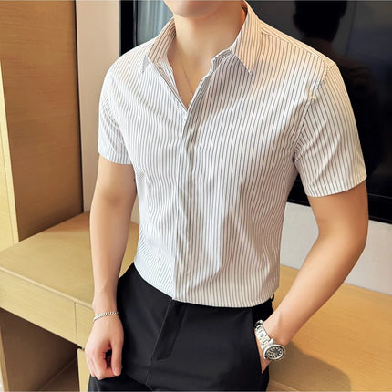 2024 Summer Fashion Vertical Striped Shirts Luxury Men's Hidden Button Short Sleeved Slim Fit Casual Business Shirt Men Clothing