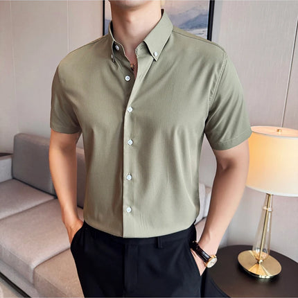 Plus Size 4XL-M High Quality Bamboo Fiber Fabric Dark Stripes Shirts Men Summer Slim Fit Casual Thin Breathable Social Shirt