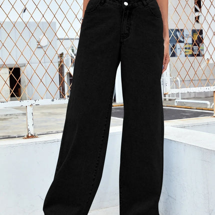 Jeans Women Long Pant Denim Pants Straight Trousers Elegant Splice Button High Waist Regular Casual Loose Autumn Winter