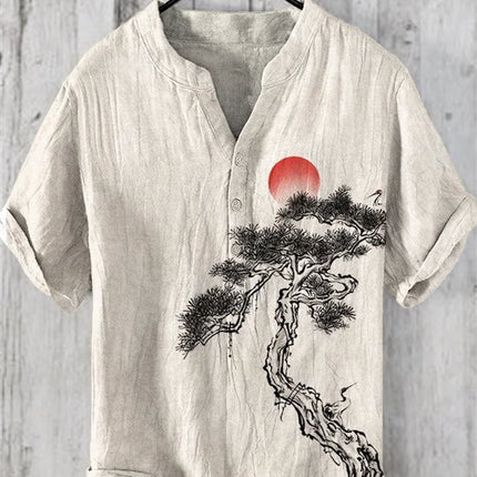 Bamboo Linen Hawaiian Shirt Tropical Style 3D Digital Printing Pine Tree Pattern Men's Short Sleeve Stand Collar Shirt