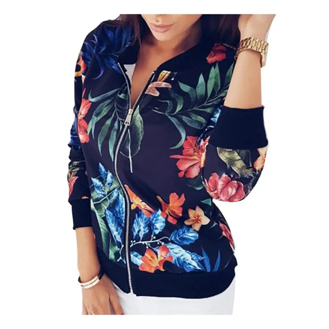 Women Jacket Elegant Flower Leaves Print Sports Women Long Sleeve Baseball Jacket Zip Coat Autumn BomberJackets Women Clothing