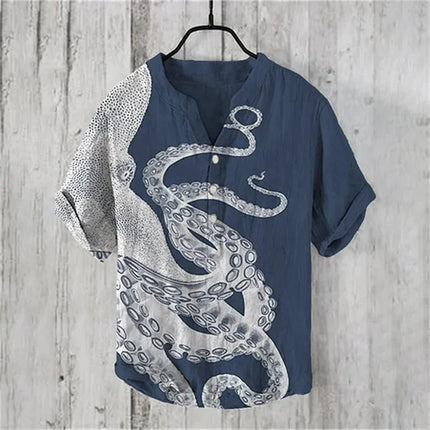 Men's short-sleeved tops 2024 summer casual T-shirts with underwater creatures jellyfish 3D pattern printing, fashionable linen