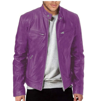 Men's Faux Leather Jacket Autumn Fashion Solid Color Zipper Motorcycle Jacket Men's Casual Long Sleeve Zipper Button Jacket