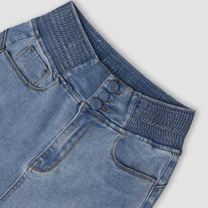 Spring Women Causal Jeans Back Shirred Button Front High Waist Jeans Denim Flare Pants