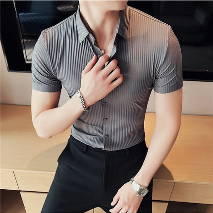 2024 Summer High Elasticity Seamless Short Sleeve Shirts Fashion Stripes Men Business Formal Wear Slim Fit Casual Dress Shirt