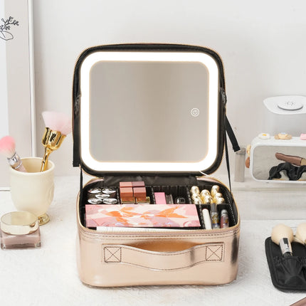 Travel Makeup Bag with LED Lighted Mirror 3 Color Scenarios Adjustable Brightness, with DIY Dividers, Toiletry Makeup Case Gift