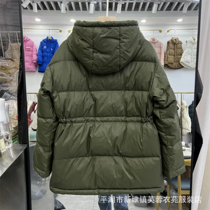 Loehsao Brand Women Down Jacket Fashion Sport Waist Down Hooded Collar Green Black Khaki Beige Short Coat Winter Parkas
