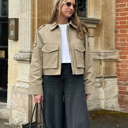 Vintage Women's Short Jacket Pockets Zipper Full Sleeve Khaki Green Thick Coats 2025 Spring Autumn Lady Loose Street Outwear