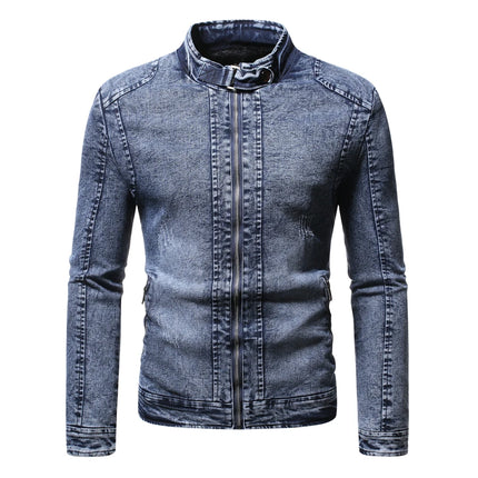 Blue Standing Collar Denim Jacket Men's, Fashion Casual Jacket, Black Gray Overcoat Male Outerwear M L XL XXL XXXL