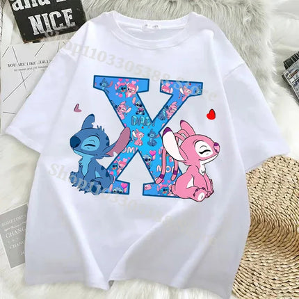 Disney Stitch T-shirts for Women Men Anime Letter A-Z Printed Short Sleeved Shirt Female Male Summer Fashion Top Adults Clothes