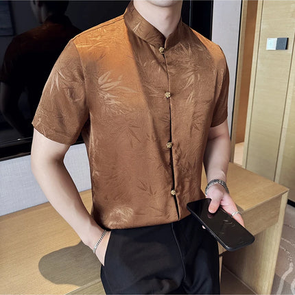 2024 Summer Chinese Style Standing Collar Shirts For Men Fashion Print Short Sleeve Slim Fit Casual Social Party Tuxedo 4XL-M