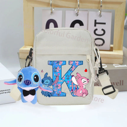 Disney Stitch Canvas Shoulder Bags with Doll Cartoon Letter A-Z Printed Fashion Handbag Multi Pocket Zipper Crossbody Bag Gifts
