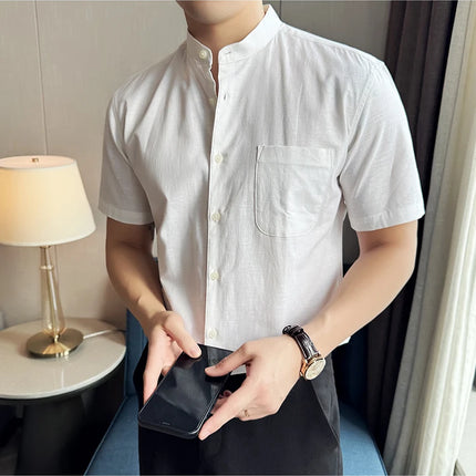 Summer New Chinese Style Linen Cotton Shirts Men's Standing Collar Short Sleeved Thin Breathable Shirt Tops Streetwear 4XL-M