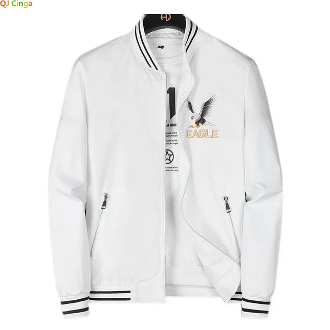 White Men's Embroidered Long Sleeve Jacket, Baseball Collar Casual Coat, Asian Size Black Blue Red Outerwear M-5XL