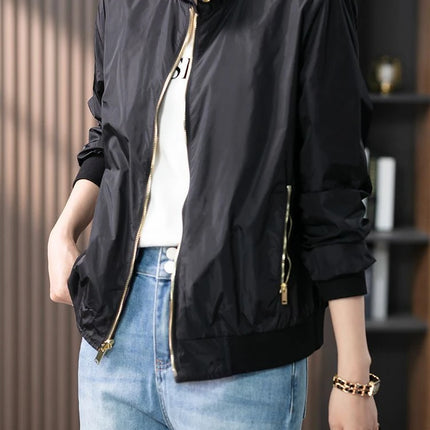 Baseball Aviator Coat Woman Zip-up Black Spring Autumn Plain Bomber Jacket for Women 2025 Trend Fashion High Quality Long Sleeve