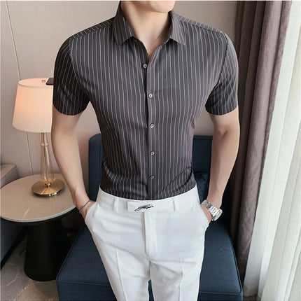 High Quality Ice Silk Traceless Striped Shirt Men's Summer Short Sleeve Slim Casual Business Shirts Tuxedo Men Clothing 4XL-M