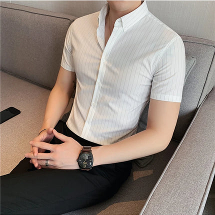 High Quality Pinstripe Casual Shirts  For Men 2024 Summer Slim Fit Business Social Elastic Social Party Shirt Plus Size 4XL-M