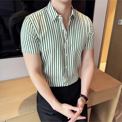 2025 Summer Fashion Vertical Striped Shirts Luxury Men's Short Sleeved Slim Fit Casual Pleated Business Shirt Men Clothing 4XL-M