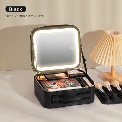 Makeup Travel Train Case with LED Lighted Mirror, 3 Color Adjust Settings, Travel Makeup Bag With Adjustable Dividers,