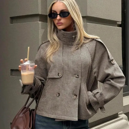 Talenza Autumn Winter Women Jacket Vintage Plaid Fashion Stand Collar Button-Up Coats New Streetwear Commuter Female Outerwear