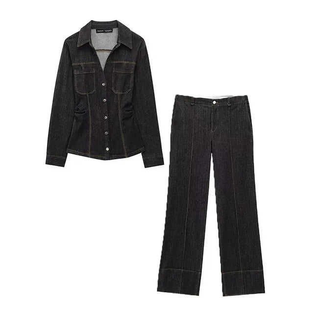 Casual Chic Women Cowboy Suit Slim fit Breasted Shirt Jackets Long Pants Fashion 2025 Spring Denim Suits