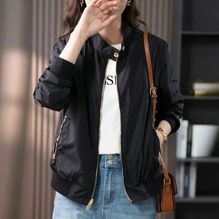Baseball Aviator Coat Woman Zip-up Black Spring Autumn Plain Bomber Jacket for Women 2025 Trend Fashion High Quality Long Sleeve