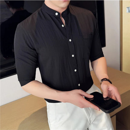 Summer New Chinese Style Stand Up Collar Shirt High Quality Slim Fit Half Sleeved Casual Social Party Shirt Men's Clothing 4XL-M