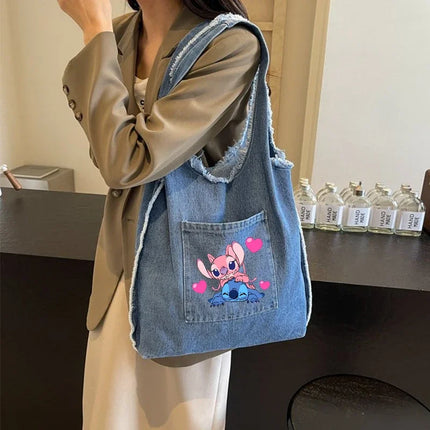 Disney Stitch Fashion Retro Denim Bag Women Anime High-capacity Shoulder Bag Female Students Commute Handbag Popular Tote-bag