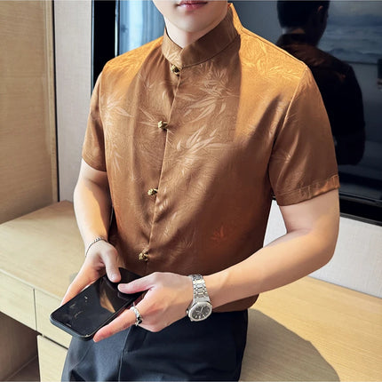 2024 Summer Chinese Style Standing Collar Shirts For Men Fashion Print Short Sleeve Slim Fit Casual Social Party Tuxedo 4XL-M