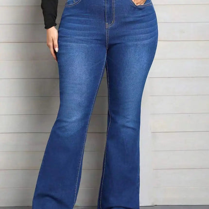 Blue Classic Fashion Flare Pants Comfort Micro Stretch Mid Waist Jeans Women Plus Size Trousers Casual Elastic Gym Sports Pant