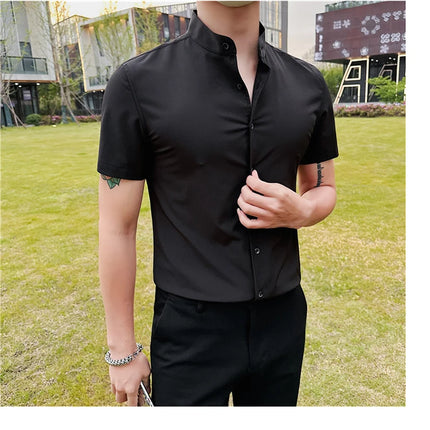 Men's Summer Fashion Stand Collar Business Casual Short Sleeve Shirt Luxury Slim Fit Solid Dress Shirt Brand Men Clothes 5XL-M