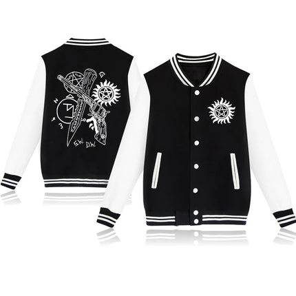 New Supernatural Print Baseball Jacket Women Men Casual Loose Jacket Autumn Winter Sweatshirt Long Sleeve Jersey Tops