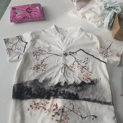 Bamboo Linen Hawaiian Shirt Tropical Style 3D Digital Printing Pine Tree Pattern Men's Short Sleeve Stand Collar Shirt
